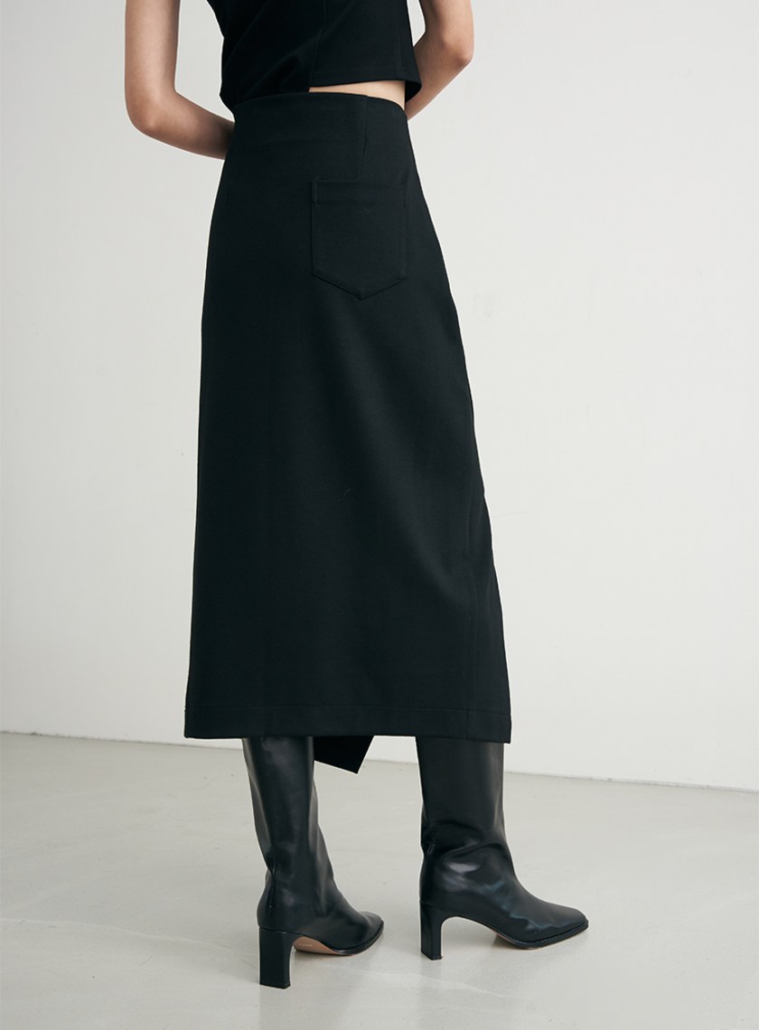 異材質拼接開衩直筒裙